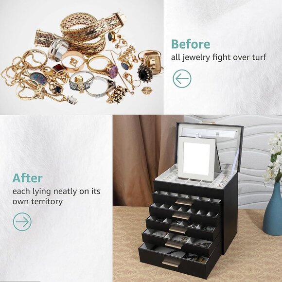 Jewelry Box for Women, Black 6 Layer Large Jewelry Organizer with Glass Lid for - Picture 7 of 7